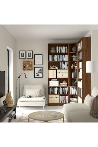 Köşe Kitaplık, Kahverengi Ceviz Görünüm, 136/136x28x237 Cm Abanoz