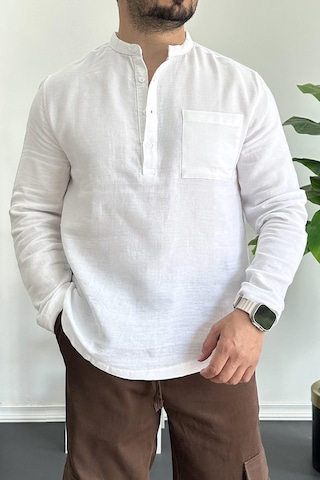 Erkek Hakim Yaka Yarım Patlı Cepli Gömlek Beyaz Edw361 Beyaz