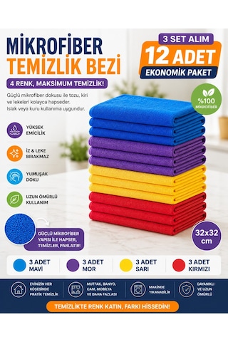 Muggio 32x32 Mikrofiber Temizlik Bezi 12'li Set 4 Renk, Yüksek Emicilik, Leke Tutmaz, Koku Yapmaz Çok Renkli