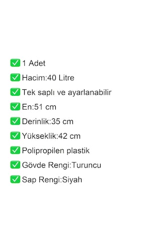 2 Tekerlek Plastik Alışveriş El Sepeti 40 Litre Turuncu 1 Adet / En:51 Boy:35 Yükseklik:42 Cm