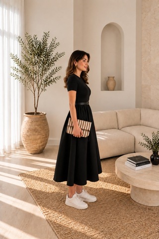 Unika Boutique Kendinden Kemerli Alt Poplin Kumaş Elbise Siyah