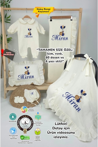 Gros Shop Müslin Yeni Doğan 4katlı Organik %100pamuk Kişiye Özgü Nakışlı Hastane Çıkış Seti Balonlu Aslan-4 Ekru