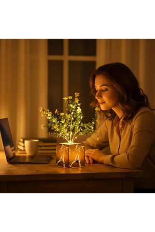 Işıklı Yapay Çiçek Siyah Saksılı Led Dekoratif Bitki, Masaüstü Ve Ev Ofis Aydınlatmalı Süs Bitkisi 5047 10 Parça Siyah