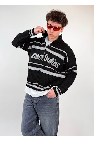 Zaee Studio Stripe Knit Crop Boy Triko Ceket gri