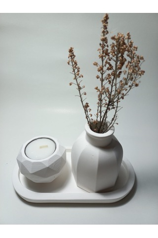 Geometrik Mumluk Ve Vazo Dekoratif Tabaklı Set Beyaz Beyaz