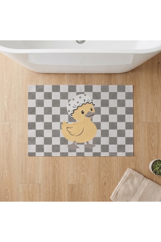 Kartela Halı Pastel Dama Ördekli Banyo Paspası Açık Gri Kaymaz Taban Makinede Yıkanabilir 60x90 Cm