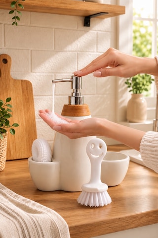 Porsima 5310825 Tezgah Üstü Beyaz Sıvı Sabunluk Fırçalı Süngerli Porselen Sabunluk 700ml 28cm