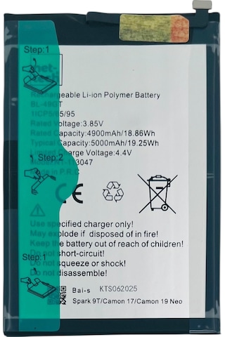 Teknonet Tecno Spark 9 Pro Uyumlu Nettech Bl-49gt 5000 Mah Batarya - Siyah
