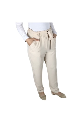 Kadın Beli Lastikli Kuşaklı Cepli Dar Paça Ayrobin Pantolon Krem