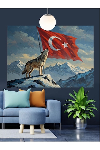 Dağ Başında Türk Bayrağı Dekoratif Kanvas - Mdf Ahşap Tablo
