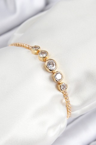 Pirinç Zirkon Taşlı Sıralı Daire Model Gold Renk Asansörlü Kadın Bileklik Altın