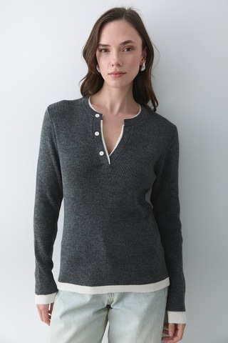 Antrasit - Krem 2 Patlı Düğmeli Kazak - 251023 Antrasit