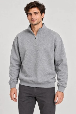 Suma Erkek Üç İplik İçi Şardonlu Dik Yaka Yarım Fermuarlı Kışlık Sweatshirt - Gri