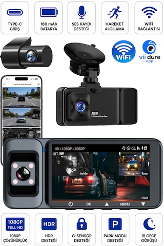 K02 Premium 3 Lens Araç İçi Kamera Wifi Gps 4k Ultra Hd Ön Arka İç Kamera Gece Görüşü Park Modu Dvr 31519350