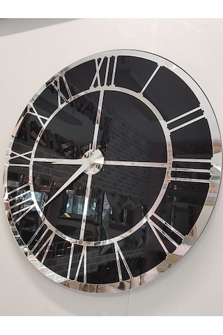 Ayna Denizi Silver Black Model Gümüş Siyah Renk 50 CM Dekoratif Aynalı Duvar Saati Gümüş - Siyah