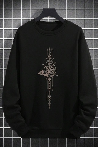 Uyguntarz Pusula Zaman Çizelge Baskılı Oversize Sweatshirt siyah