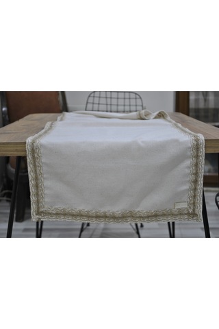 Dnc Home Tekstil Ndchome Özel Tasarım Organik Keten Krem Kum Rengi Dantelli Runner Masa Örtüsü 45 X 150 Krem