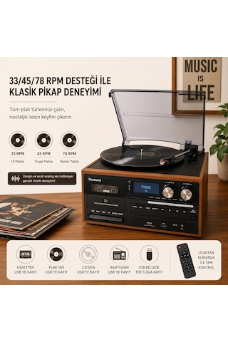 Dosound Tr-17s Ahşap Çok Fonksiyonlu Pikap Kaset Cd Usb Bluetooth Müzik Sistemi 1 Adet