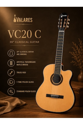 Valares Vc20cn Kesik Kasa Klasik Gitar Natürel 38 İnç 4/4 Yetişkin Üst Segment Çanta Capo Askı Pena Tuner