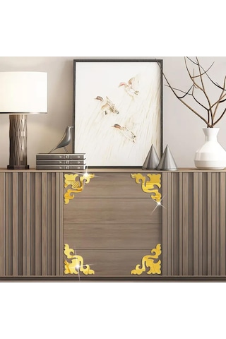 Yaprak-motif Desenli Pleksi Köşe Ayna Gold Gold