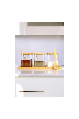 Digithome 3 Lü Borosilikat İnce Cam Ve Ahşap Standlı Baharatlık Kavanoz Takımı Seti Kahverengi F/3 C1-1-289