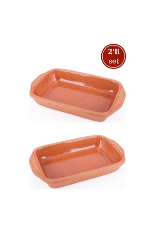 Elizi Çömlekleri 2 Li Dikdörtgen Sırlı Fırın Tepsisi, Toprak Güveç Fırın Kabı Seti Sırlı 25x15cm Toprak