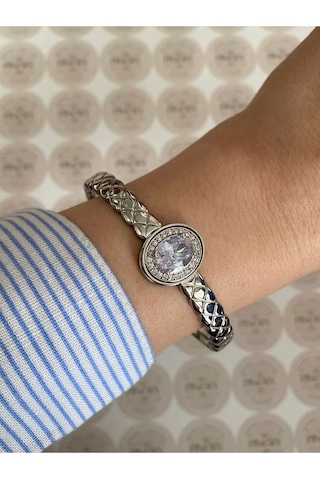 Pinery Jewels İri Taşlı Gümüş Modern Paslanmaz Çelik Kelepçe Bileklik Günlük Ve Altın