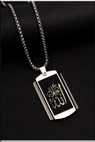Osmanlı Gümüş Allah Yazılı Çelik Erkek Kolye Zincir Çelik