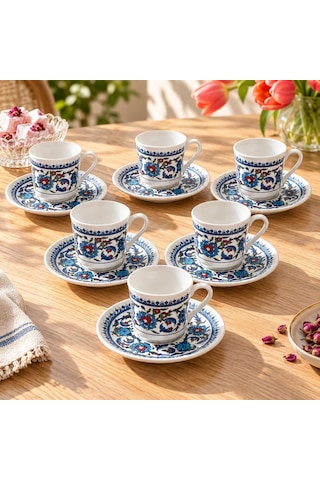 Porselen Türk Kahvesi Fincan Takımı, Geleneksel Çini Desenli El Boyaması Kahve Fincanı Seti, Tabaklı Fincan Takımı, Çeyizlik Ve Hediyelik Sunum Seti 6-lı, 6, 1 Çok Renkli