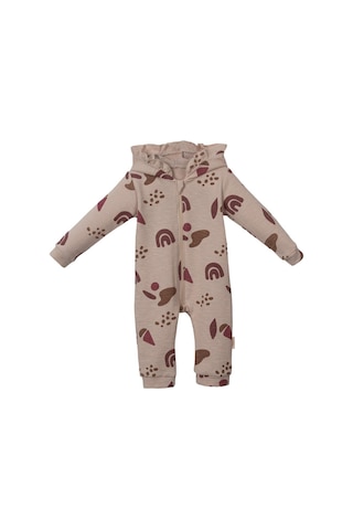 Fırfır Kapşonlu Desenli Patiksiz Tulum Bej