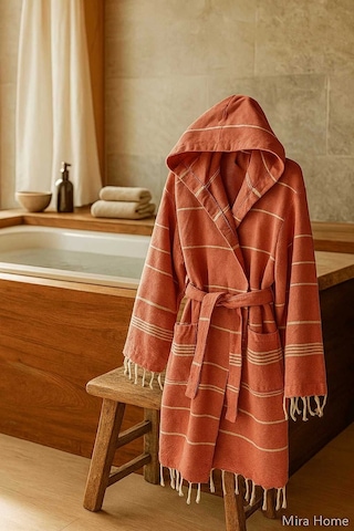 Kapşonlu Çizgili Unisex Banyo Plaj Peştemal Bornozu %100 Pamuklu Linetouch Kiremit Çok Renkli