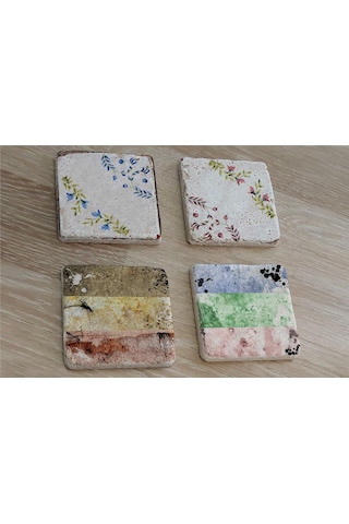 Çiçekli Desenler Doğal Taş Bardak Altlığı 4'lü Set - Natural Stone Coasters-174252 Çok Renkli