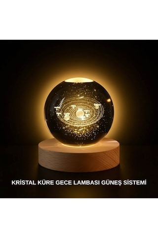 Ahşap Standlı Led Kristal Küre Lazer İşlemeli Dekoratif Obje -