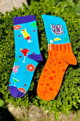 Lousocks Unisex Sağlı Sollu Kokteyl Desenli Soket Çorap Mavi