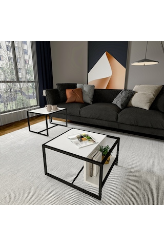 Batı 2 Li Modern Orta Sehpa Takımı Metal Ayaklı, Alt Raflı Beyaz