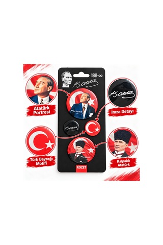 Bakgelal Atatürk Ve Türk Bayrağı Temalı 4'lü Rozet Seti Portre, İmza Ve Ay Yıldız Desenli - 9004275198005 Beyaz - Kırmızı