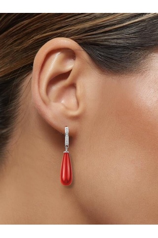 Şık Ve Zarif 925 Ayar Uzun Drop Mercan Taşlı Gümüş Küpe