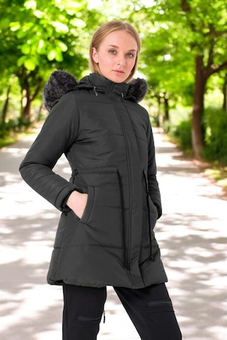 Kışlık Orta Boy Kürklü Kapüşonlu Su Geçirmez Rahat Kadın Şişme Mont Siyah