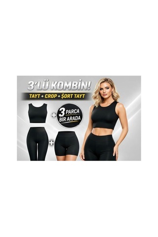 Öners Premium 3 Parça Spor Takım - Dalgıç Kumaş Yüksek Bel Tayt-biker Şort-crop Siyah Siyah