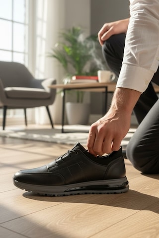 Enoch Hakiki Deri Klasik Bağcıklı Erkek Siyah Yüksek Taban Sneaker Ayakkabı Ortopedik Taban Siyah