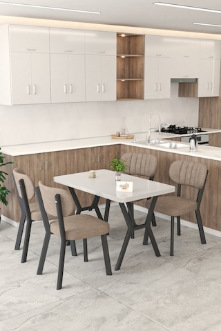 Gnr 70x110cm Sabit Beyaz Mutfak Masası Takımı, Yemek Masası, 4 Modern Cappucino Sandalye Cappuccino
