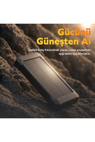 Woyax Güneş Enerjili Solar Powerbank 10000mah Led Işıklı Taşınabilir Batarya Şarj Cihazı Siyah Siyah