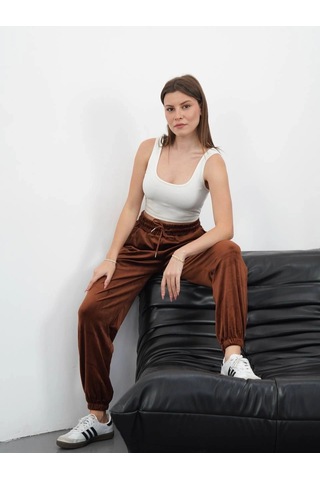 Paça Lastikli Kadife Eşofman Kahve Md34 Kahve