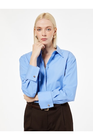 Koton Pamuklu Uzun Kollu Oversize Poplin Gömlek Mavi 7wak60014pw