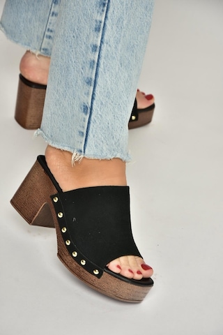 Fox Shoes Y996594002 Siyah Süet Kalın Topuklu Kadın Terlik Siyah