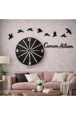 Duvar Saati 40 Cm 8 Adet Kuş Temalı Canım Ailem No99 Çok Renkli