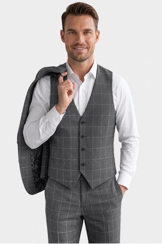 Deepsea Erkek Koyu Gri Slim Fit 3 Lü Takım Elbise Yelekli Ekose Desenli Çift Düğme Takım Elbise 2600501