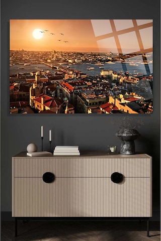 İstanbul Galata Boğaz Manzarası Gün Batımı 4mm Kırılmaz Temperli Yüksek Çözünürlüklü Cam Tablo