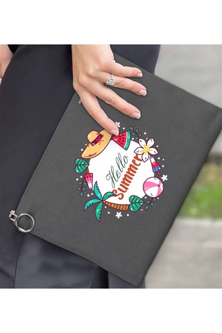 Bk Gift Yaz Temalı-4 Astarlı Antrasit Portföy Çanta 30x21cm, Baskılı El Çantası, Organizer Çanta Çok Renkli