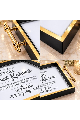 Bk Gift Kişiye Özel Siyah&gold Söz Nişan Tepsisi-1 - 39x23 Cm Çok Renkli